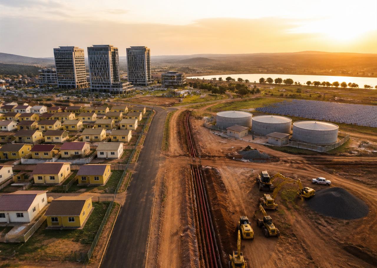 Integrated Afribiz development site with housing, offices, solar plant, water reservoir, road construction and plant machinery